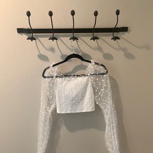 White sheer smocked polka dot crop top
